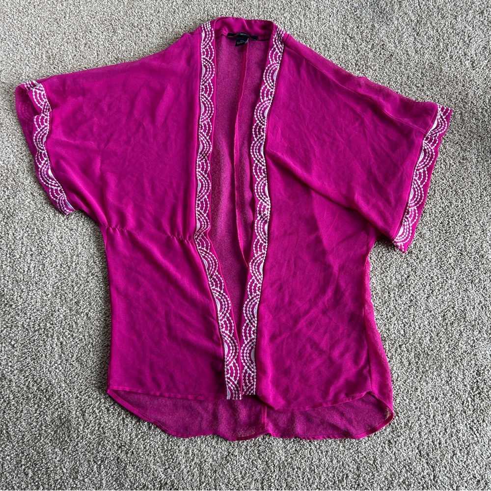 Cejon Women’s Fuchsia Kimono Cardigan Open Front Lace Trim Lightweight Top